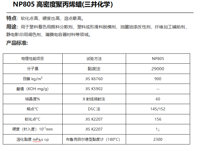 三井HI-WAX NP805高密度聚丙烯蠟( PP蠟NP805)